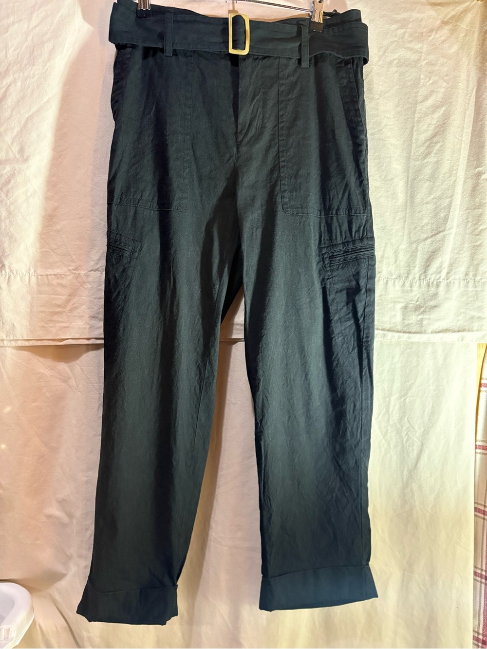 Vince Black Linen Blend Belted Trousers Pants Medium